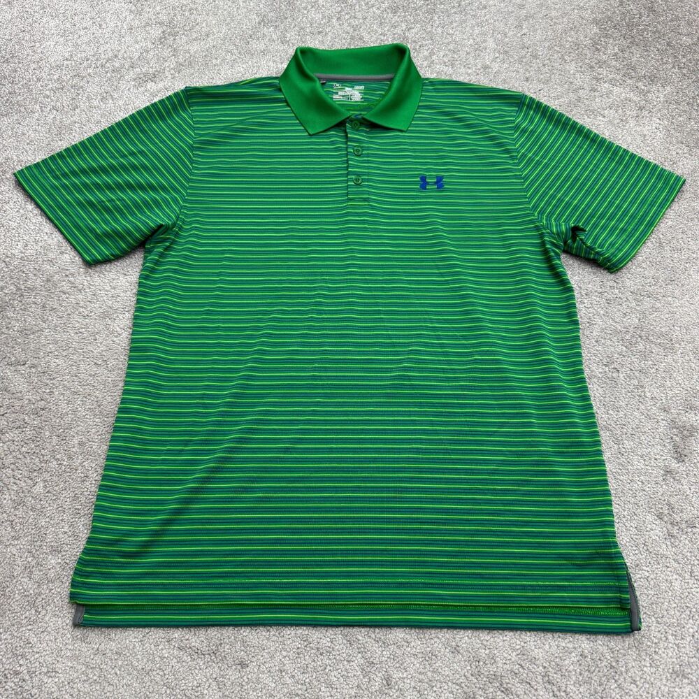 Under Armour Loose Fit Polo Shirt Mens Large Green Blue Striped Stretch HeatGear